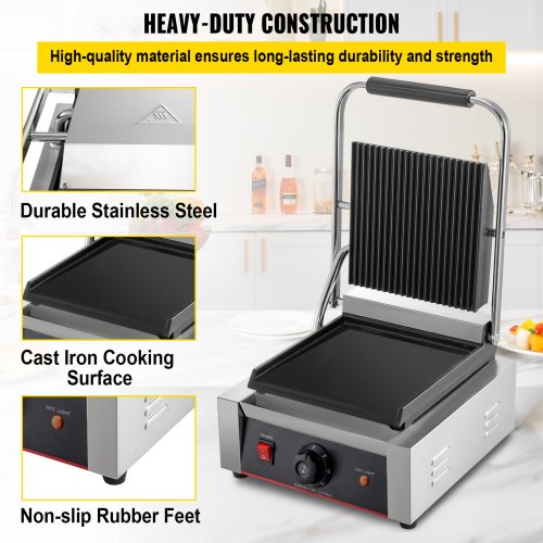 VEVOR Commercial Sandwich Panini Press Grill,110V 1800W Up Grooved and
