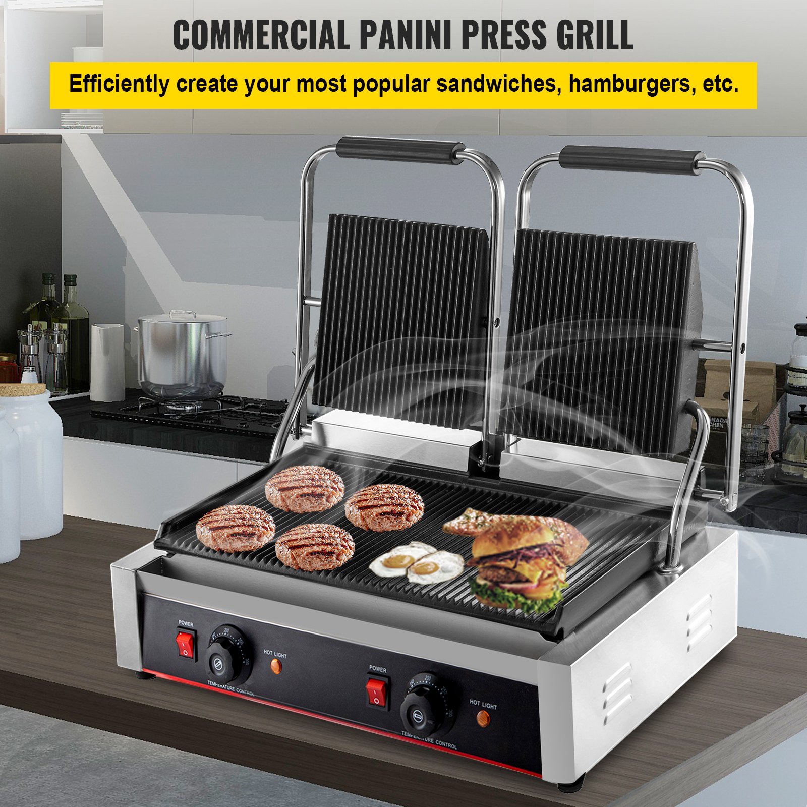 VEVOR 110V Commercial Sandwich Panini Press Grill 2X1800W Temperature