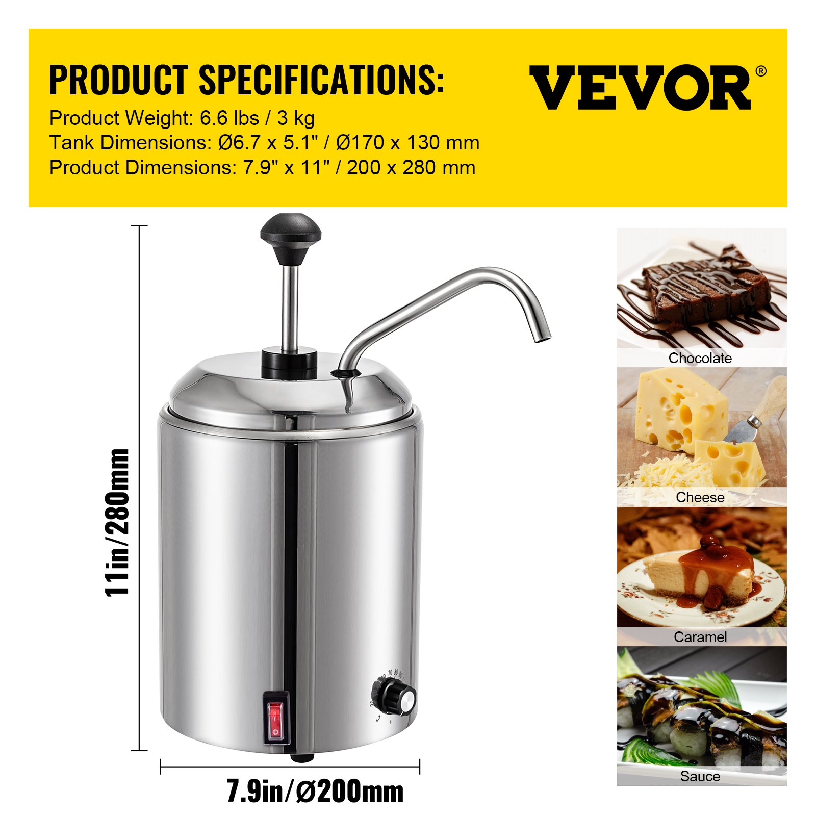 VEVOR Cheese Dispenser with Pump 2.64 Qt Capacity Hot Fudge Warmer with ...