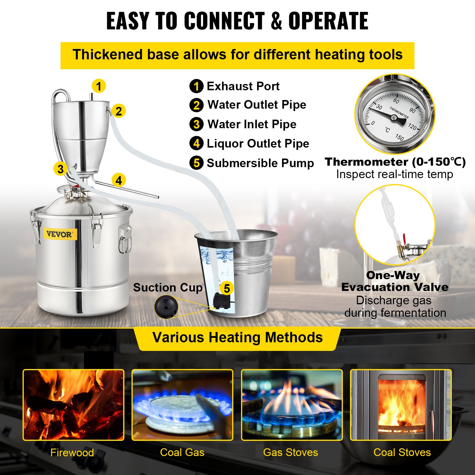 VEVOR Water Alcohol Distiller, 8 Gal/30 L, 304 Stainless Steel Still w