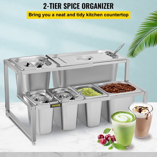 VEVOR Expandable Spice Rack Seasoning Organizer 2 Tiers with 6 Pans in