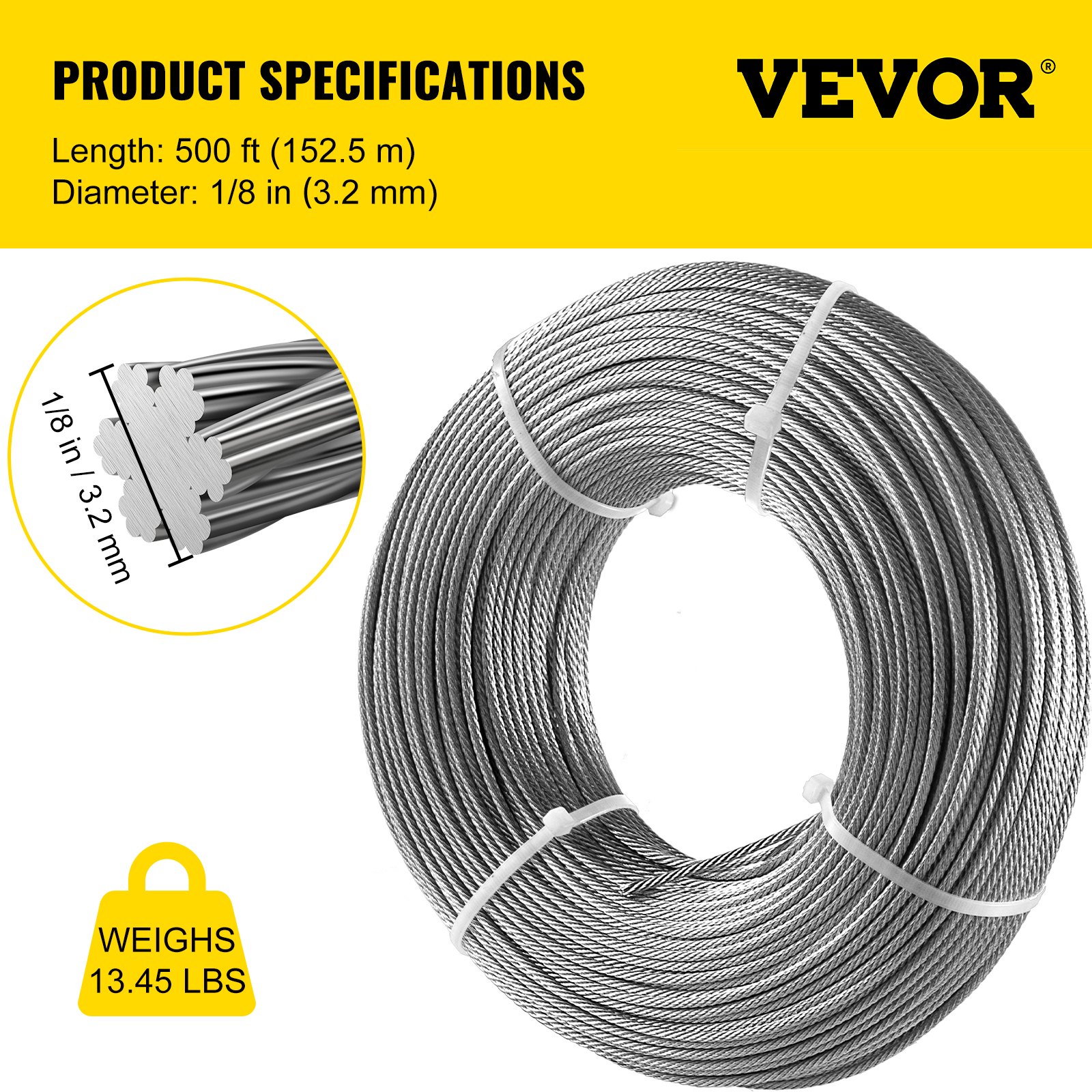 VEVOR Galvanized Steel Cable, 1/8'' Aircraft Cable, 500ft Galvanized