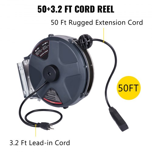 Vevor Retractable Extension Cord Reel Power Cord Reel 50 Ft 16/3 Sjt ...