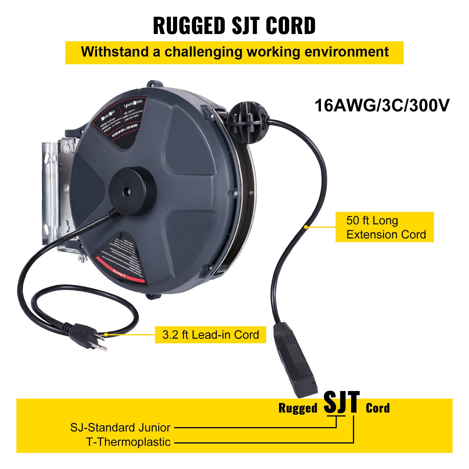 VEVOR Retractable Extension Cord Reel 50+3.2FT, 16/3 SJT Power Cord