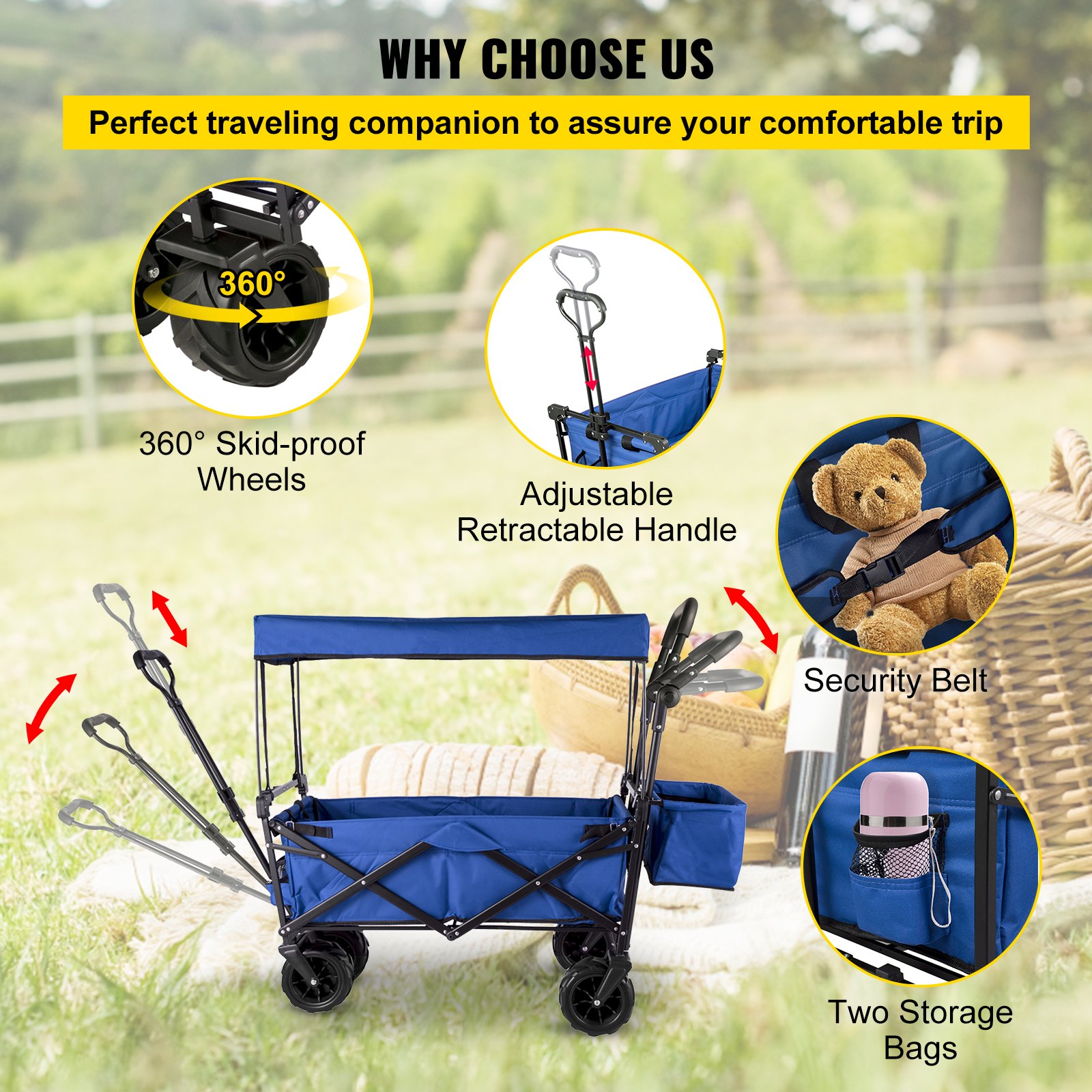 VEVOR Extra Large Collapsible Garden Cart with Removable Canopy
