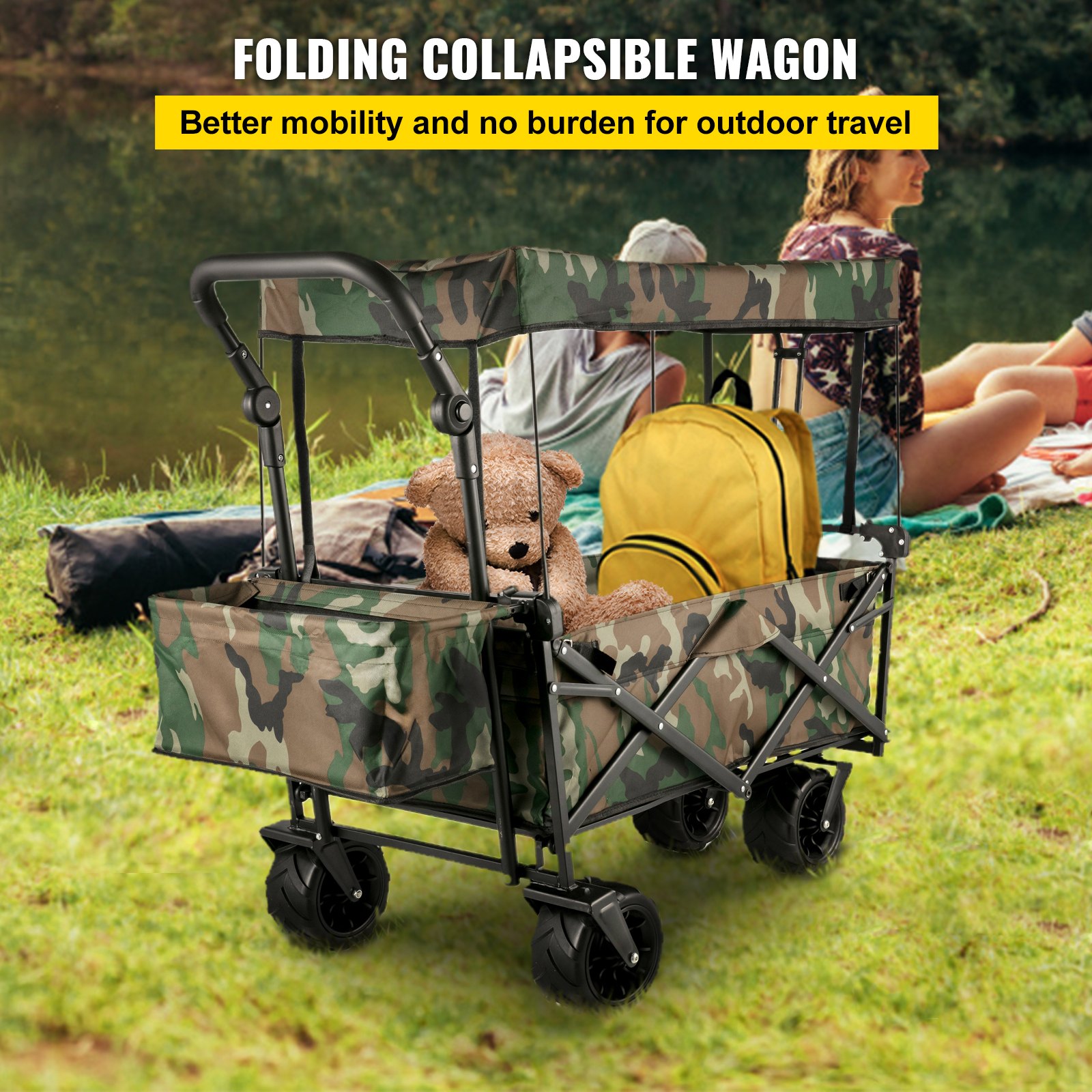 VEVOR Folding Wagon Cart, Collapsible Folding Garden Cart w/ Shade