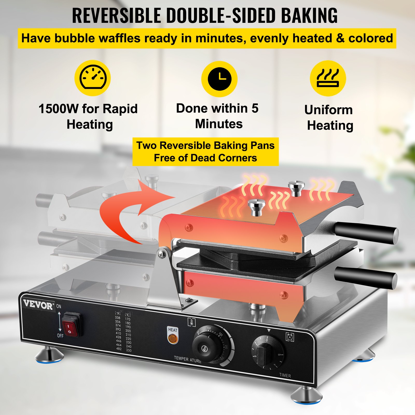VEVOR Bubble Waffle Maker, 110V Electric Egg Waffle Maker, 1500W Hong