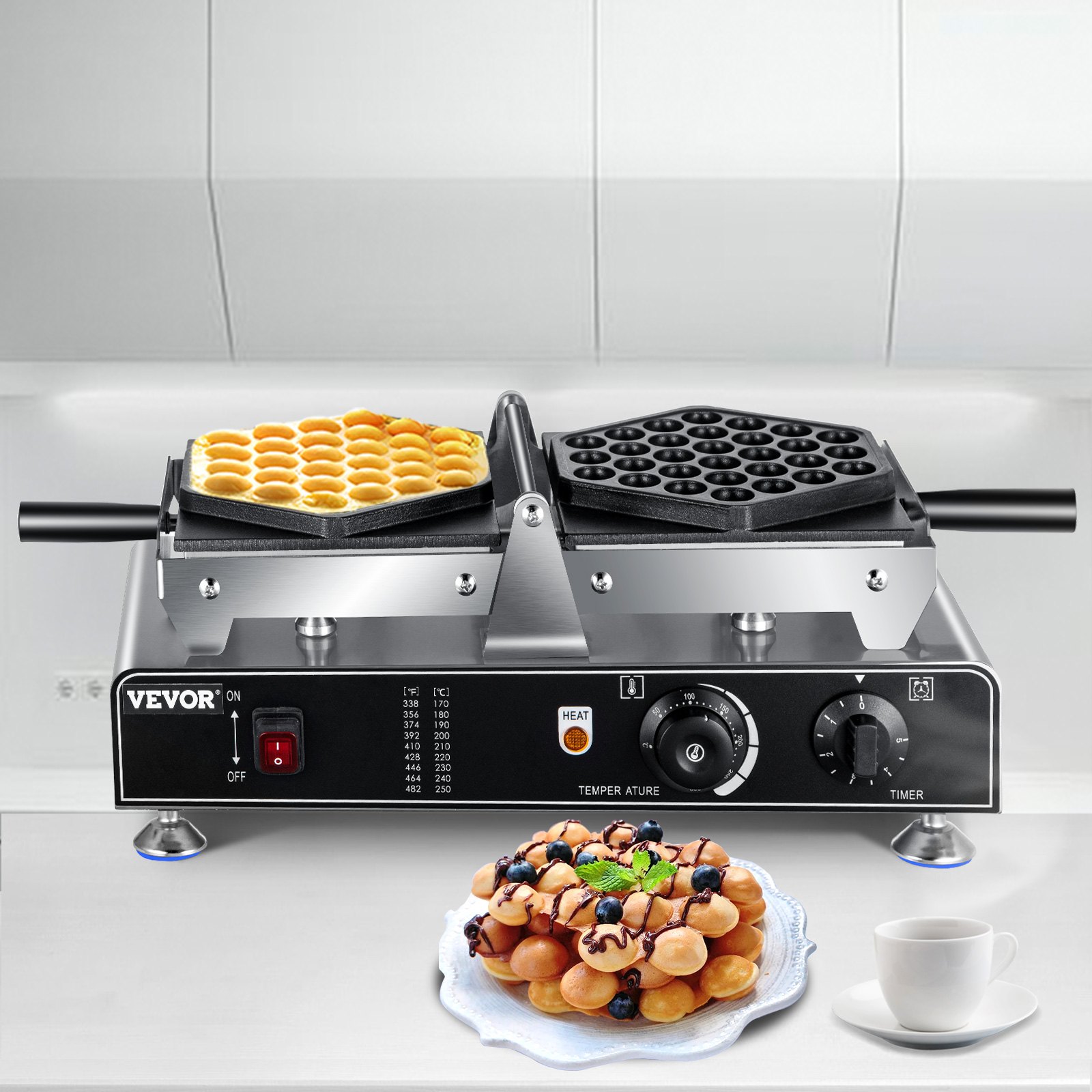 Commercial Bubble Waffle Maker - 1300W, Non-Stick, 180° Rotatable, Temp & Timer Control