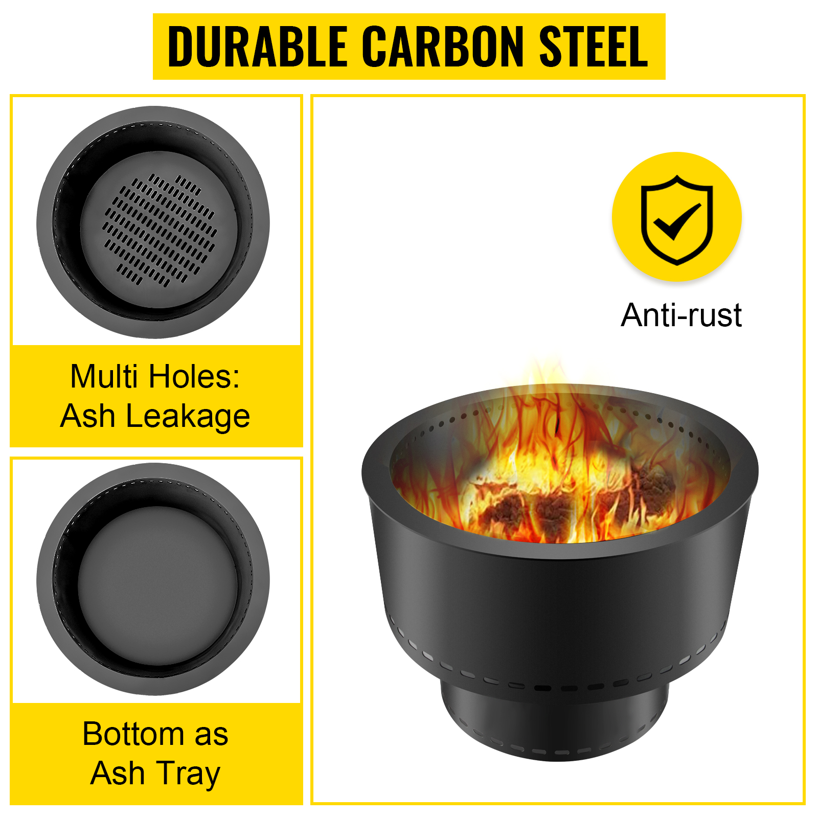 VEVOR Smokeless Fire Pit, Carbon Steel Stove Bonfire, Large 13.5 inch