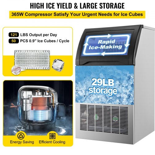 VEVOR 110V Commercial Ice Maker 120LBS/24H, 510W Ice Machine with 29LBS