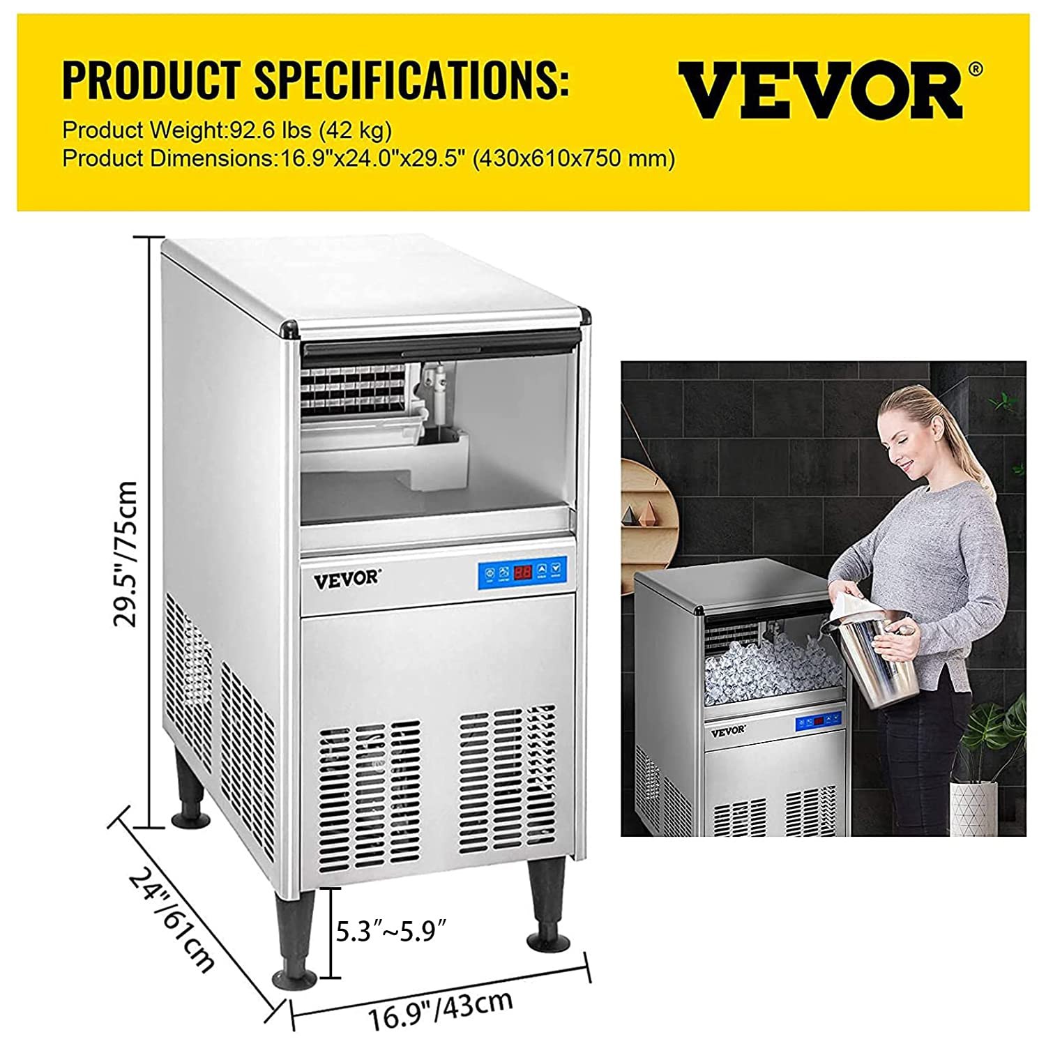 VEVOR 110V Commercial Ice Maker 125LBS/24H with 50LBS Bin, ETL Approved ...
