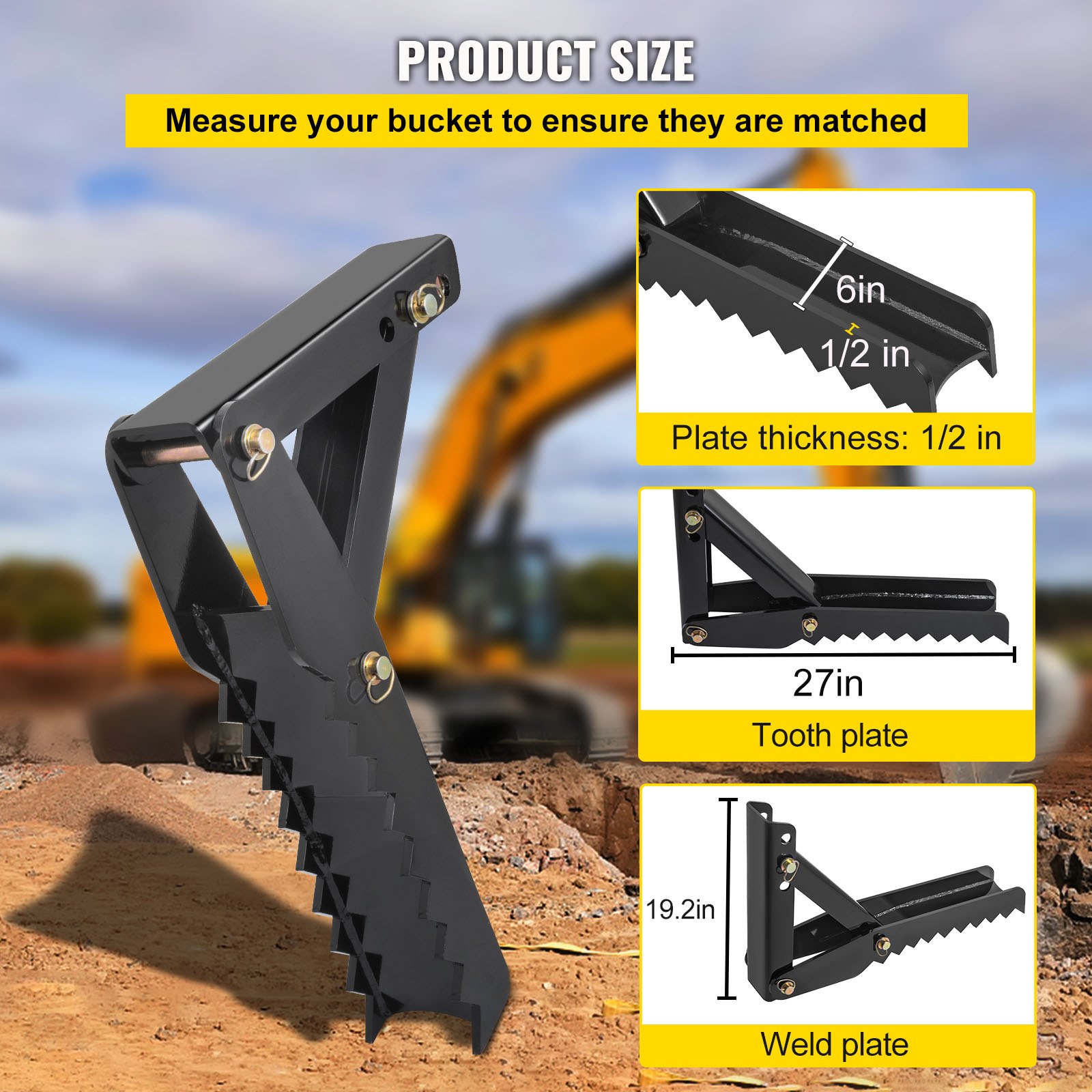 VEVOR 27" Backhoe Thumb, 1/2" Teeth Thickness Heavy Duty Excavator Thumb, Black Steel Weld On