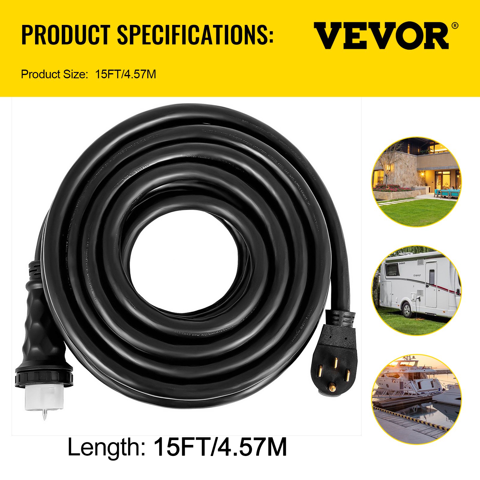 VEVOR 15Ft 50 Amp Generator Extension Cord STW 6/3 + 8/1 Generator Cord