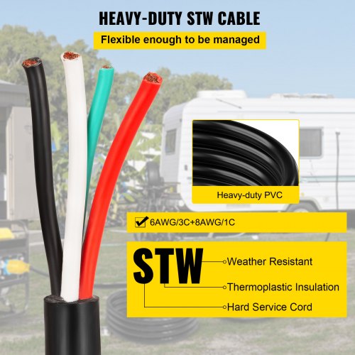 30' 50A RV Camp Power Cord Generator Cord 6/3 + 8/1 AWG NEMA 1450P to