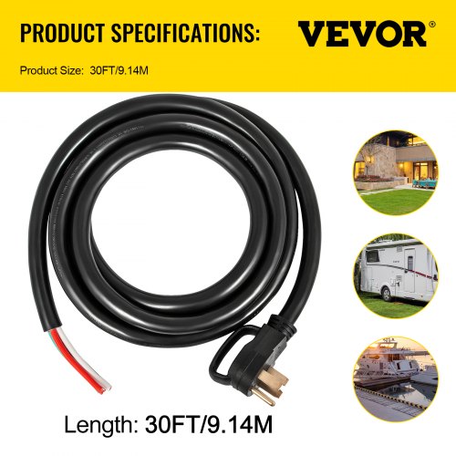 30' 50A RV Camp Power Cord Generator Cord 6/3 + 8/1 AWG NEMA 1450P to