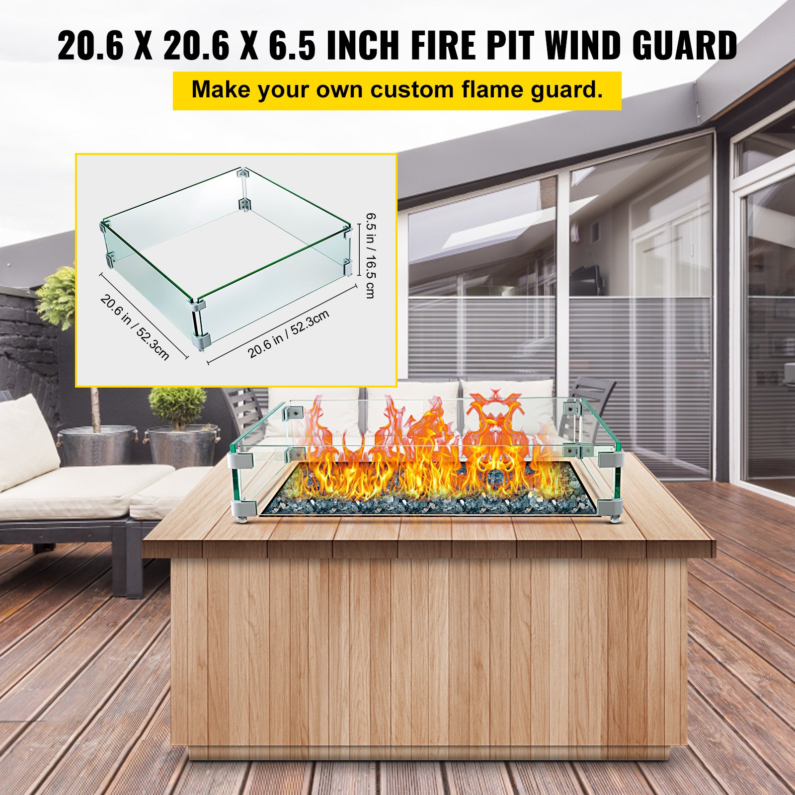 VEVOR Fire Pit Wind Guard 21 x 21 x 6 Inch Glass Flame Guard, Rectangle ...