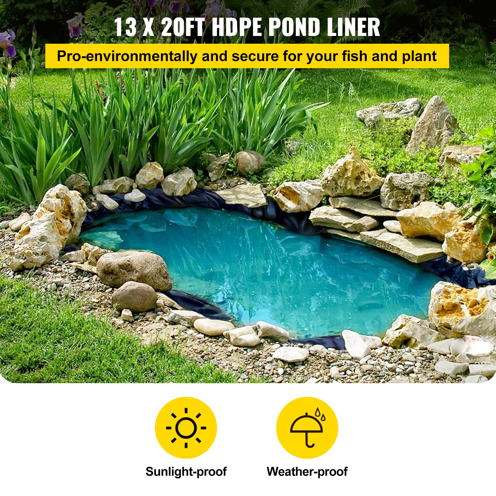 VEVOR Pond Liner, 13x20 ft, 20 Mil Pond Liners for Outdoor Ponds, HDPE Pond Underlayment for
