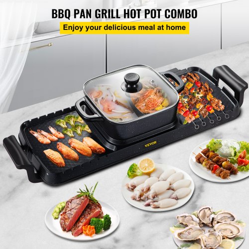 VEVOR 2 in 1 Electric BBQ Pan Grill Hot Pot Portable Hot Pot BBQ Grill 2400W VEVOR US