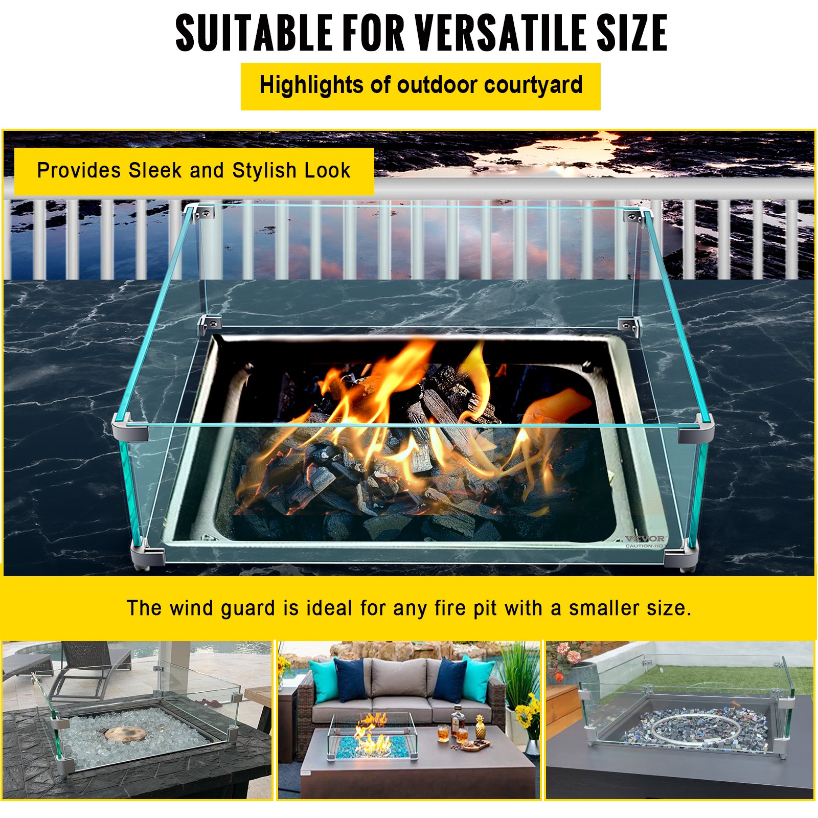 VEVOR Fire Pit Wind Guard Tempered Glass Flame Guard 22x22x9 inch Wind