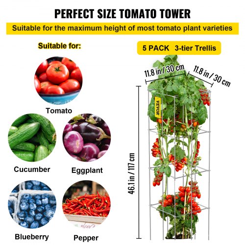 VEVOR Tomato Cages Plant Support Cage 5Pack Square Steel 3.8FT Silver