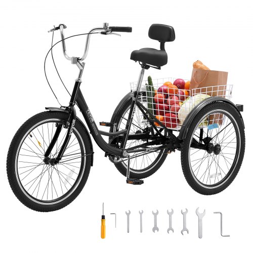 VEVOR Adult Tricycles Bike 20 Inch Three Wheeled Bicycles 3 Wheel Bikes Trikes Carbon Steel Cruiser Bike with Basket Adjustable Seat Picnic Shopping Tricycles for Seniors Women Men Black