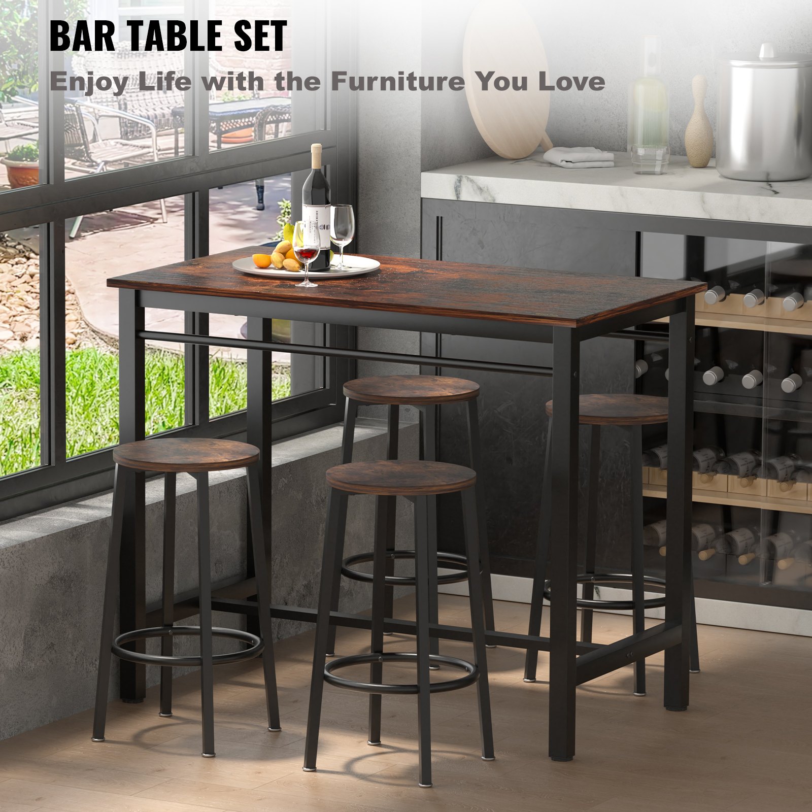VEVOR Bar Table and Chairs Set 43" Pub Table Set with 4 Bar Stools Kitchen Dining Table and