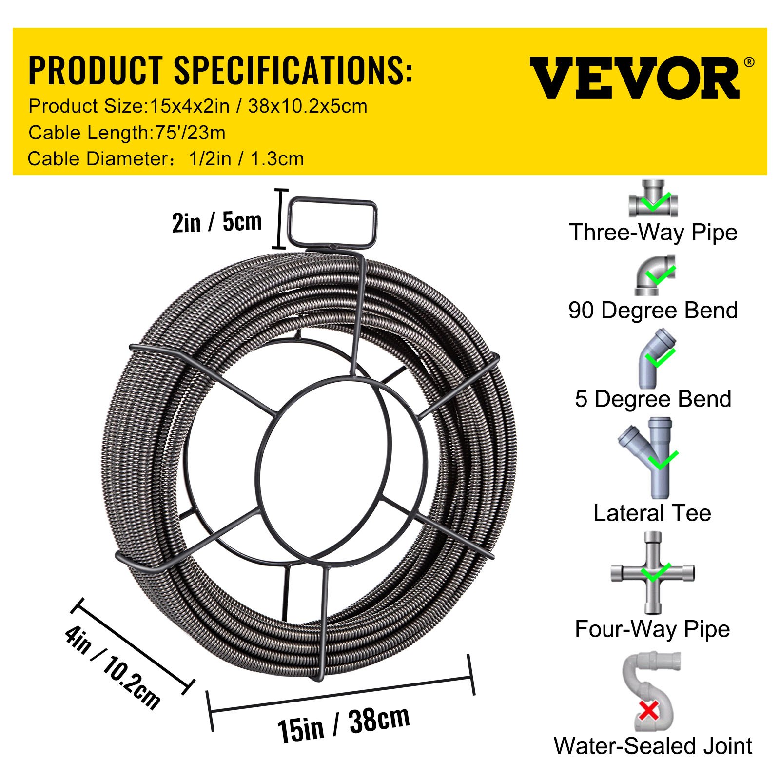 Drain Cable Sewer Cable 75ft 1/2in Drain Cleaning Cable Auger Snake