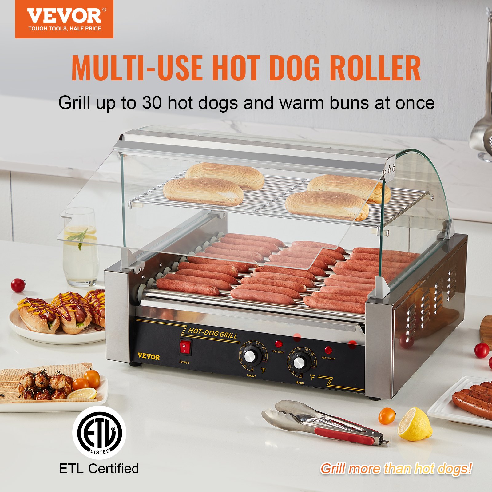 VEVOR Hot Dog Roller, 11 Rollers 30 Hot Dogs Capacity, 1650W Stainless Sausage Grill Cooker