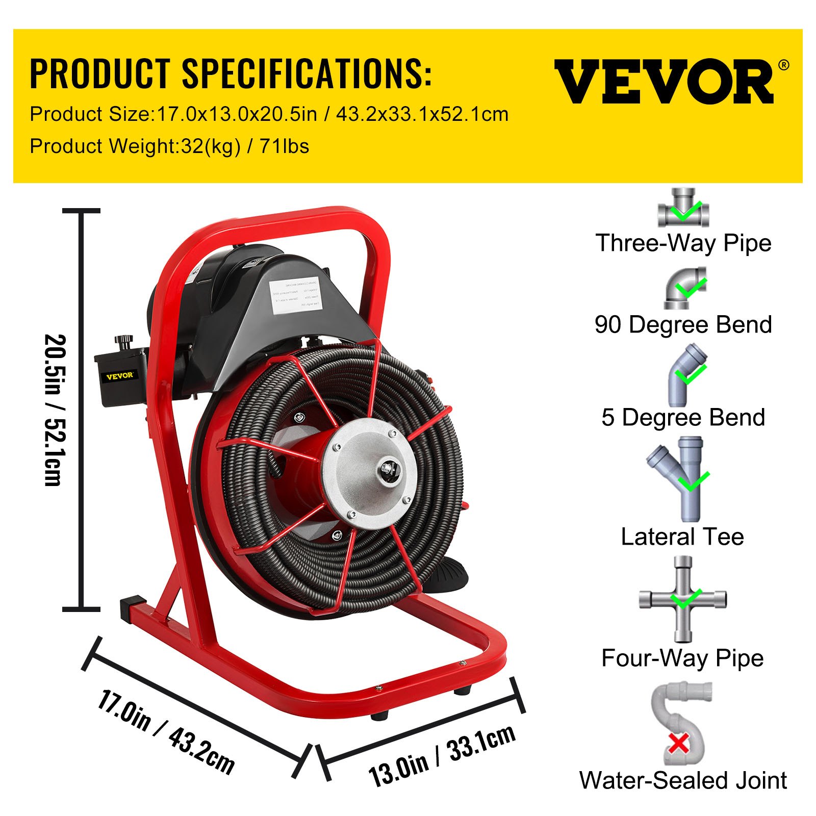 VEVOR 50 Ft x 1/2 Inch Drain Cleaner Machine Best fit 1”(25mm) to 4