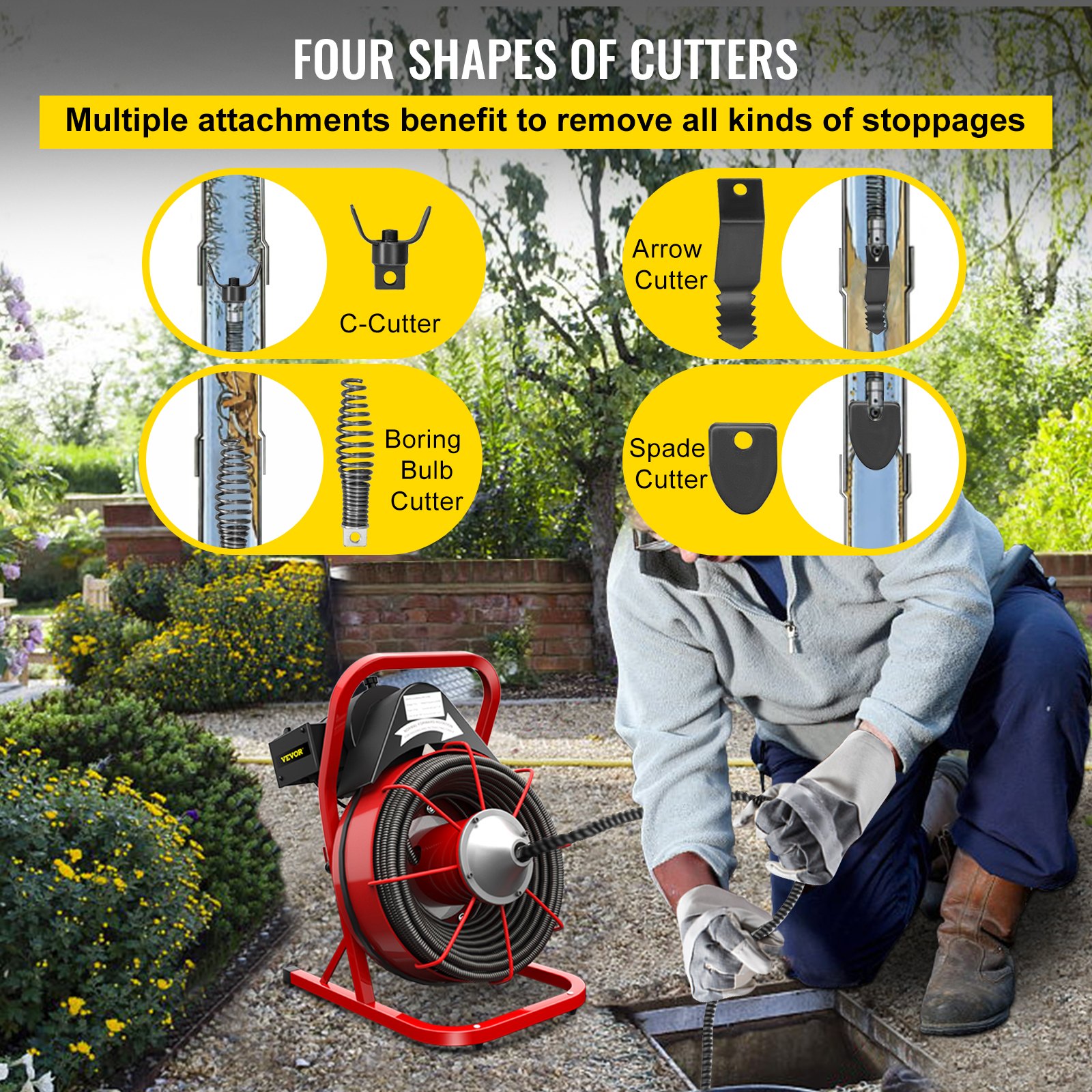 VEVOR 75Ft x 1/2Inch 370W Drain Cleaning Machine Portable Electric