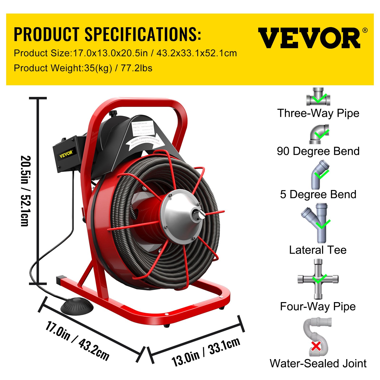 VEVOR 75Ft x 1/2Inch 370W Drain Cleaning Machine Portable Electric