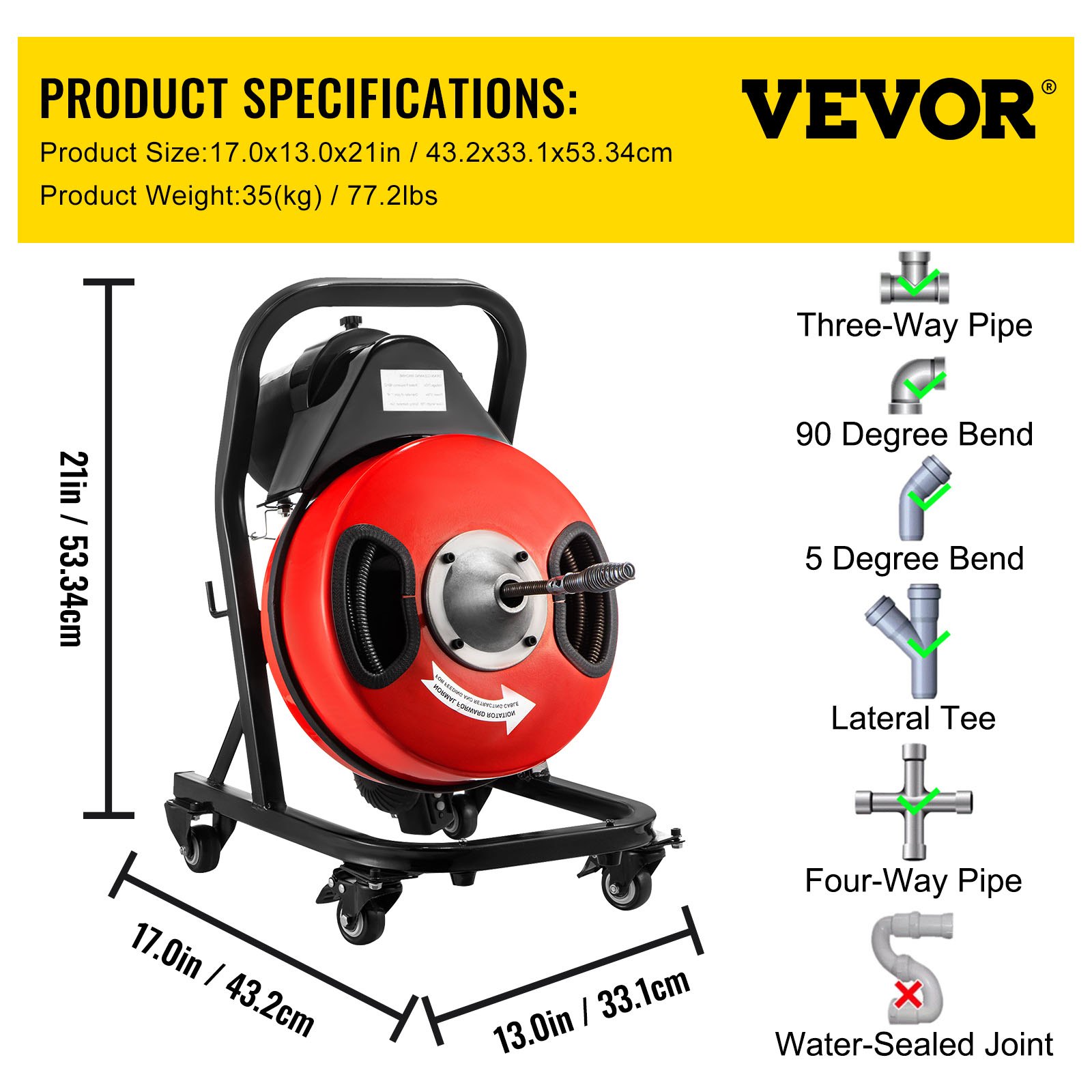 VEVOR Electric Drain Auger 50FTx1/2Inch,250W Drain Cleaner Machine