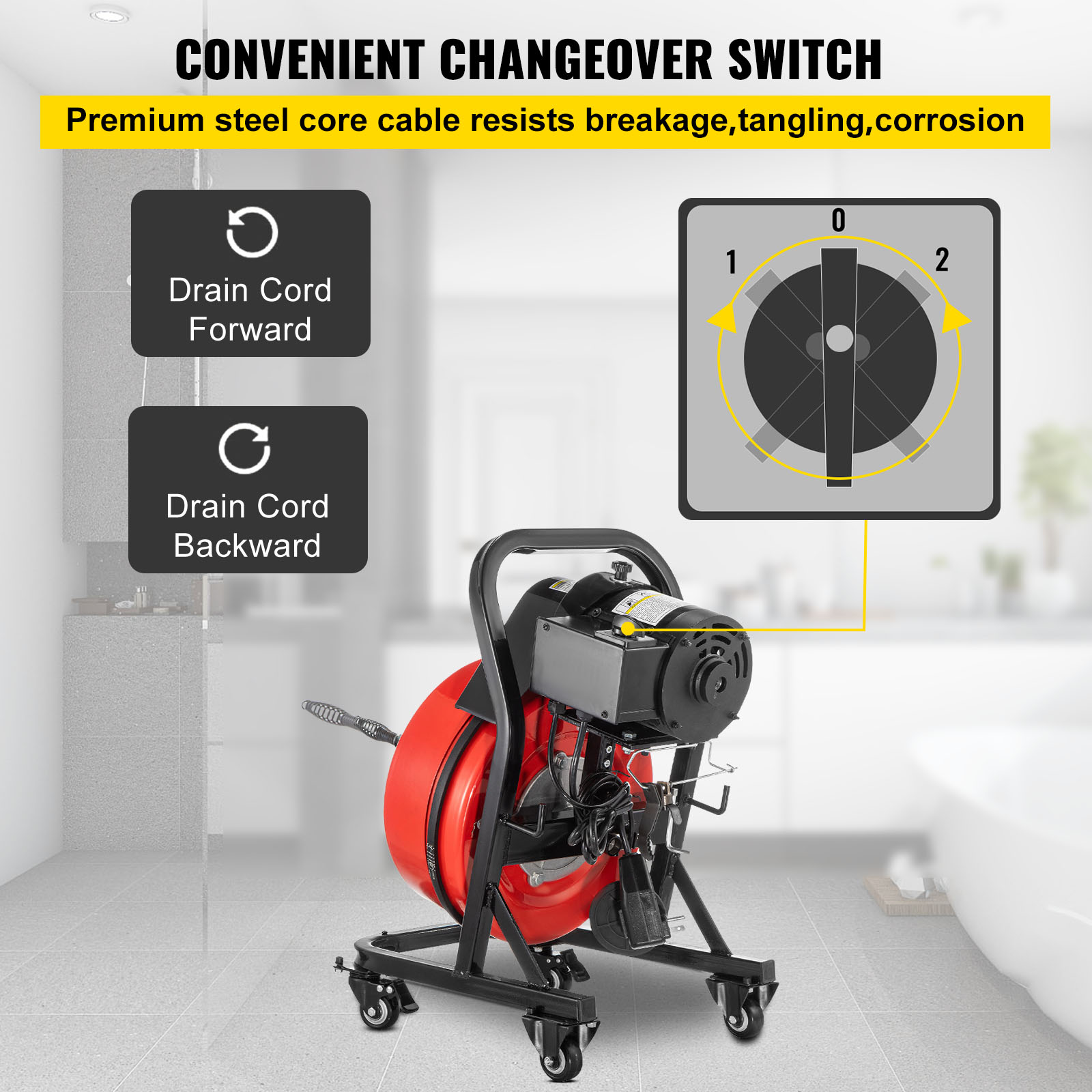 VEVOR Electric Drain Auger 50FTx1/2Inch,250W Drain Cleaner Machine,Sewer Snake Machine,Fit 2