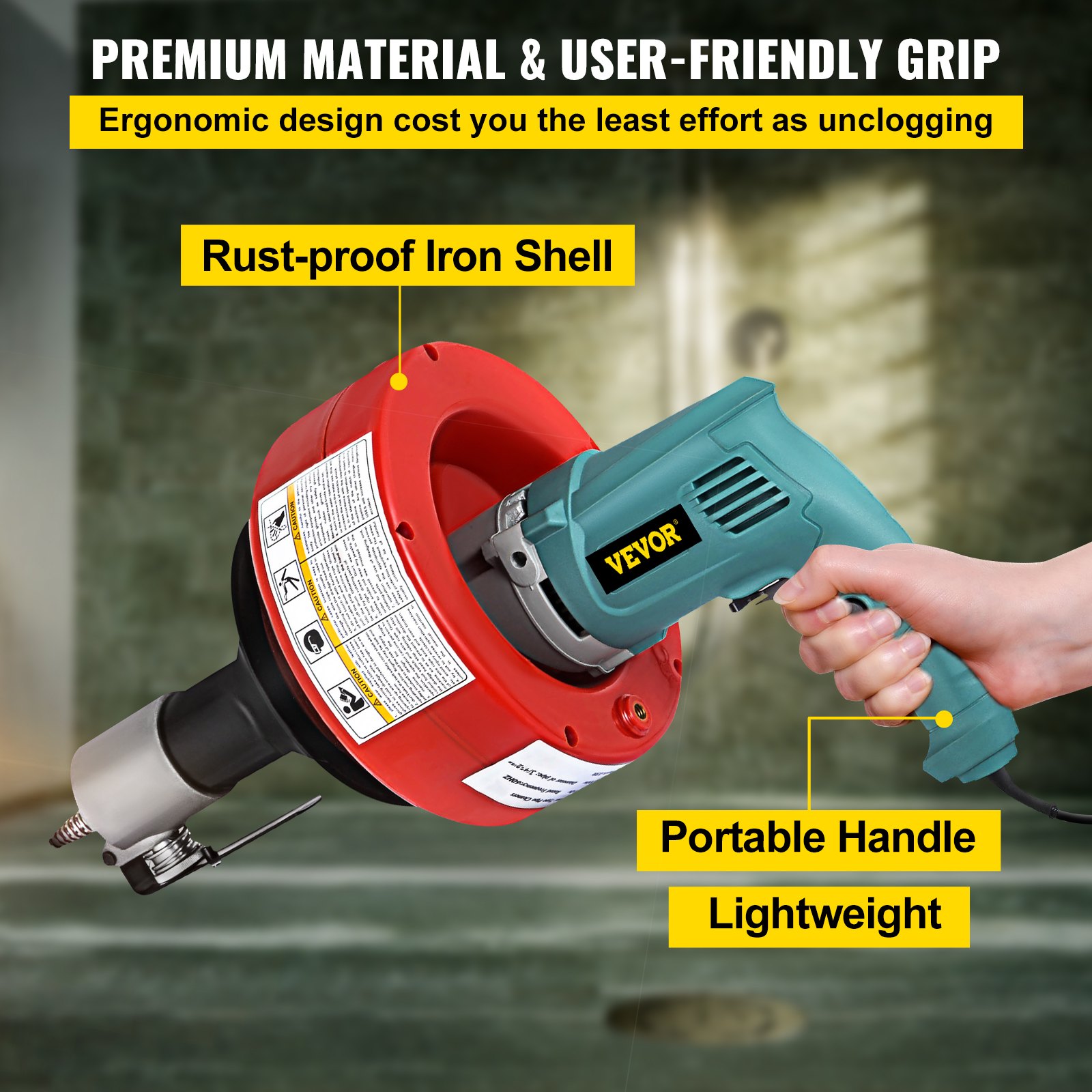 VEVOR Electric Drain Auger Cleaner, 26 ft x 1/3 in Cable Sewer Snake