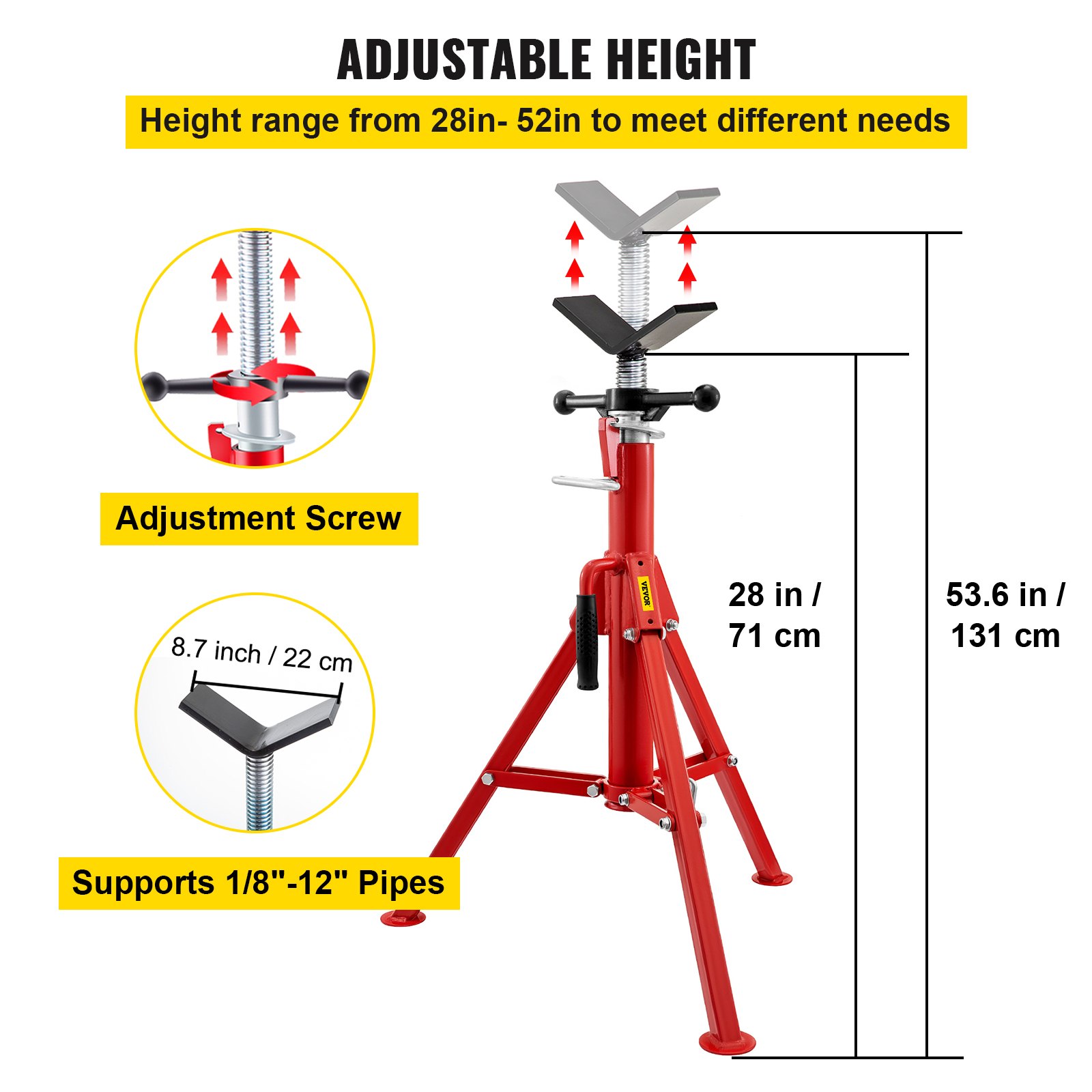 VEVOR V Head Pipe Stand 1/8"-12" Capacity,Adjustable Height 28"-52 ...