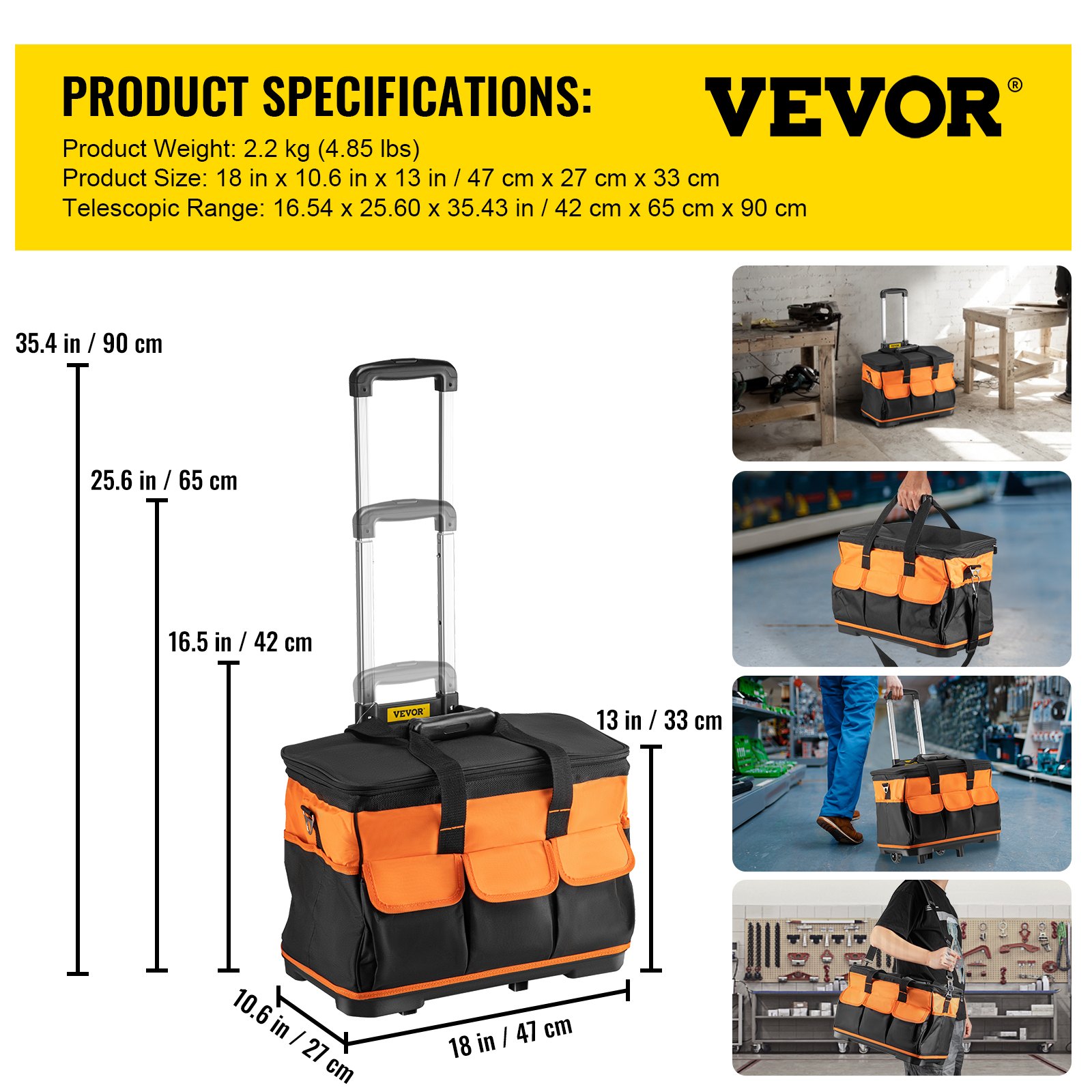 VEVOR VEVOR Tool Bag with Wheels Rolling Tote 18in Wheeled Storage Case