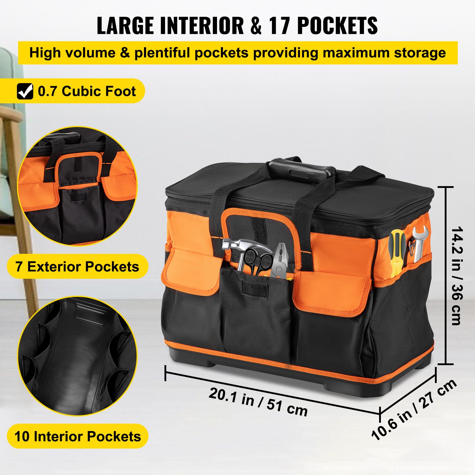 VEVOR Rolling Tool Bag, 20inch 17 Pockets Bag with Two 2.56in Wheels
