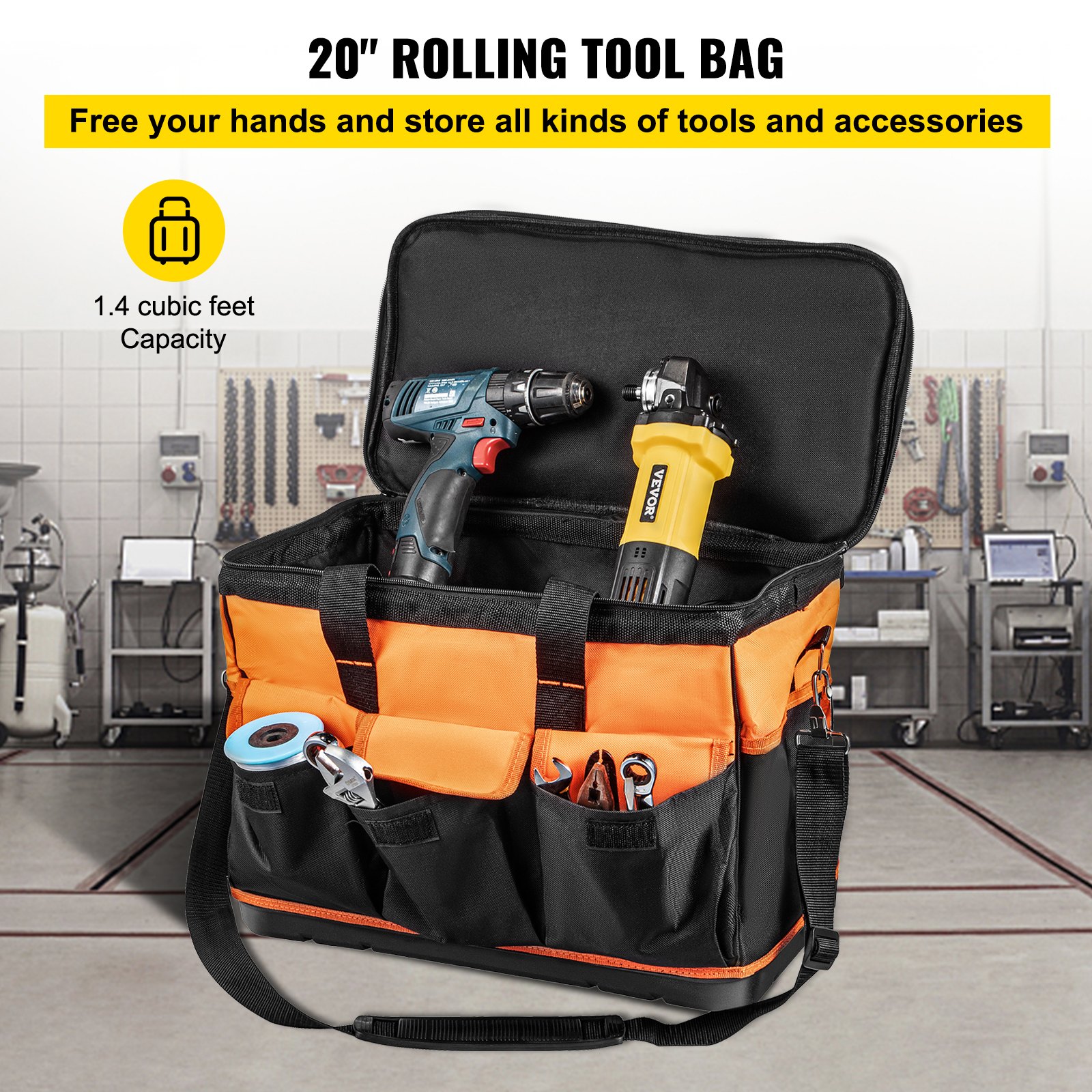 VEVOR Rolling Tool Bag, 20-inch 17 Pockets Bag with Two 2.56in Wheels ...