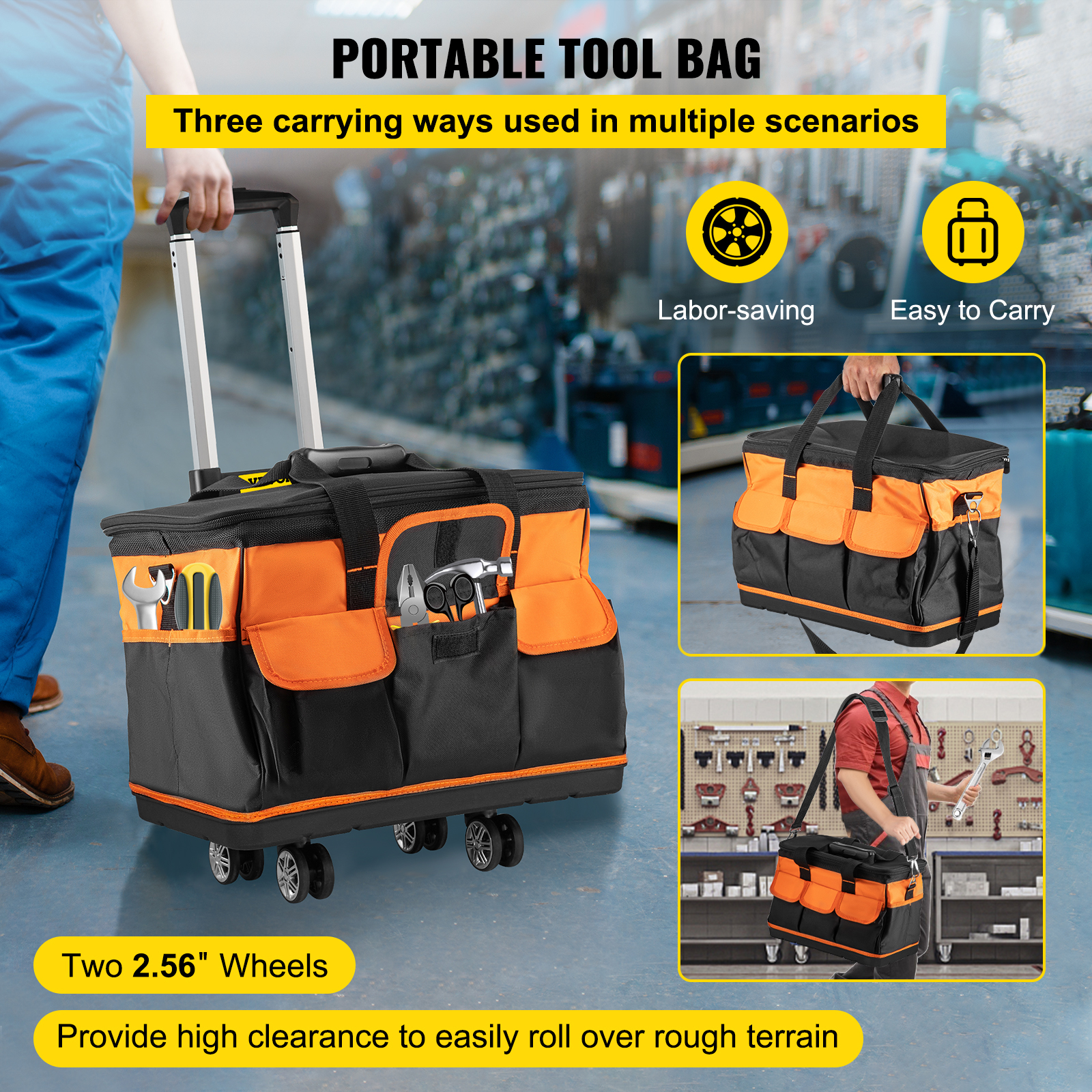 Vevor Rolling Tool Bag 20 Inch 17 Pockets Bag With Two 256in Wheels Oxford Fabric Material 9328