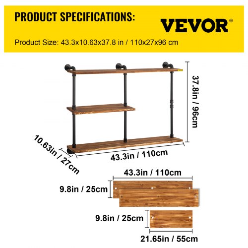 VEVOR Industrial Pipe Shelving, Pipe Shelves with 3Tier Wood Planks