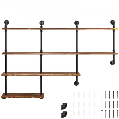 VEVOR Pipe Shelves Industrial Iron Pipe Wall Mounted w/ 4Tier Wood