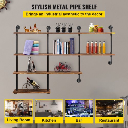 VEVOR Industrial Pipe Shelving, Pipe Shelves with 4Tier Wood Planks