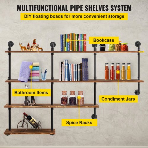 VEVOR Industrial Pipe Shelving, Pipe Shelves with 4Tier Wood Planks