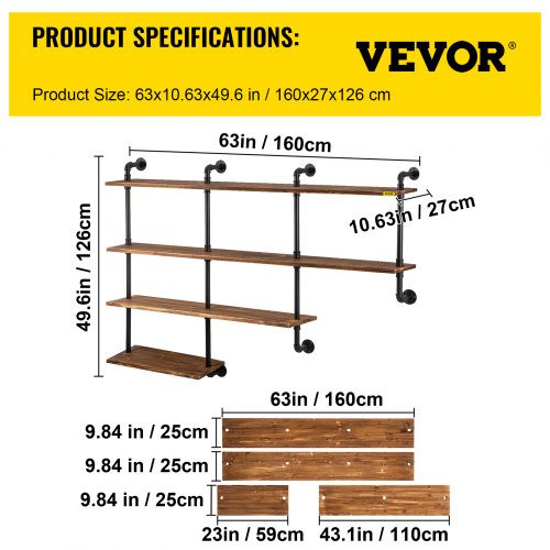 VEVOR Industrial Pipe Shelving, Pipe Shelves with 4Tier Wood Planks