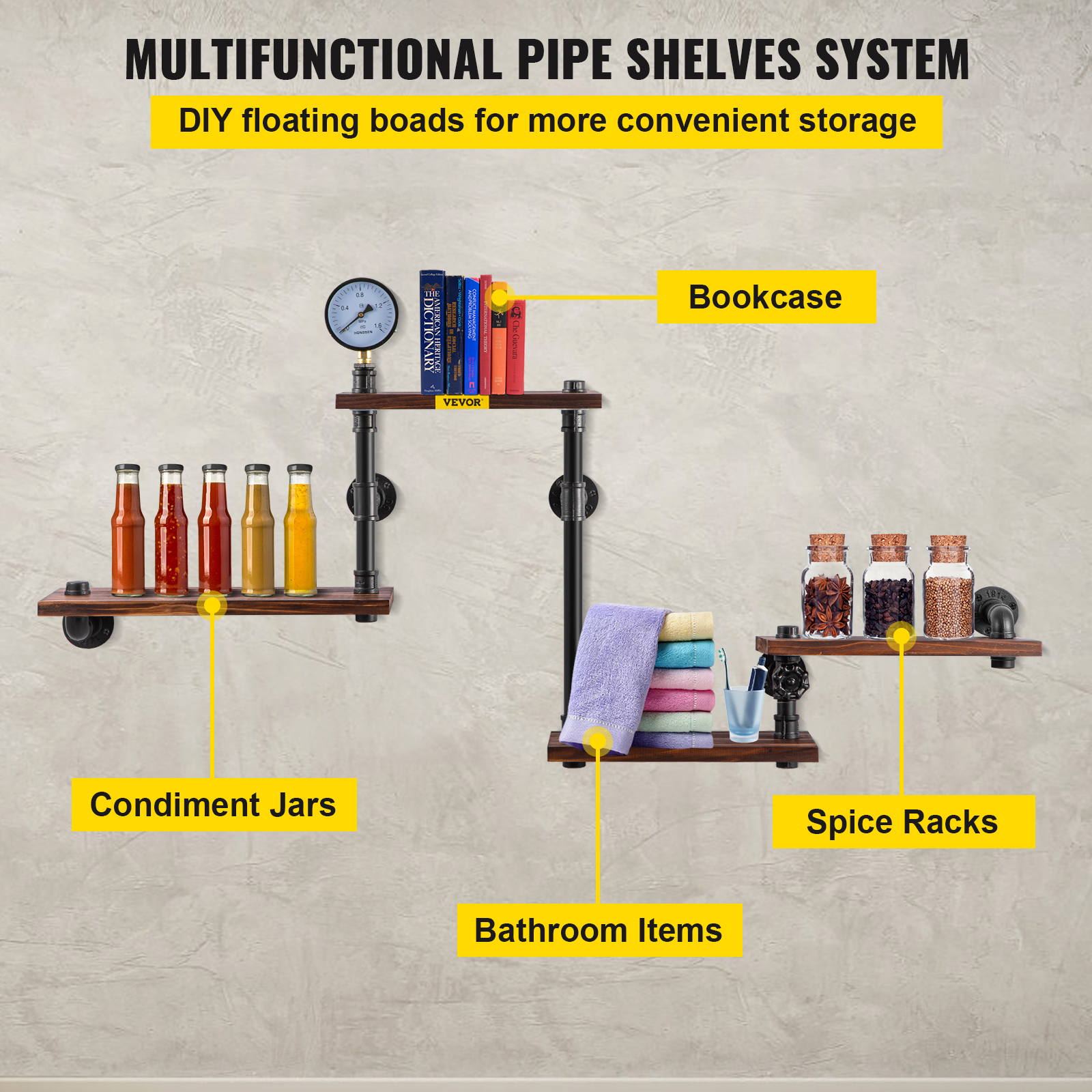 VEVOR Pipe Shelves Industrial Iron Pipe Wall Mounted w/ 4Tier Wood