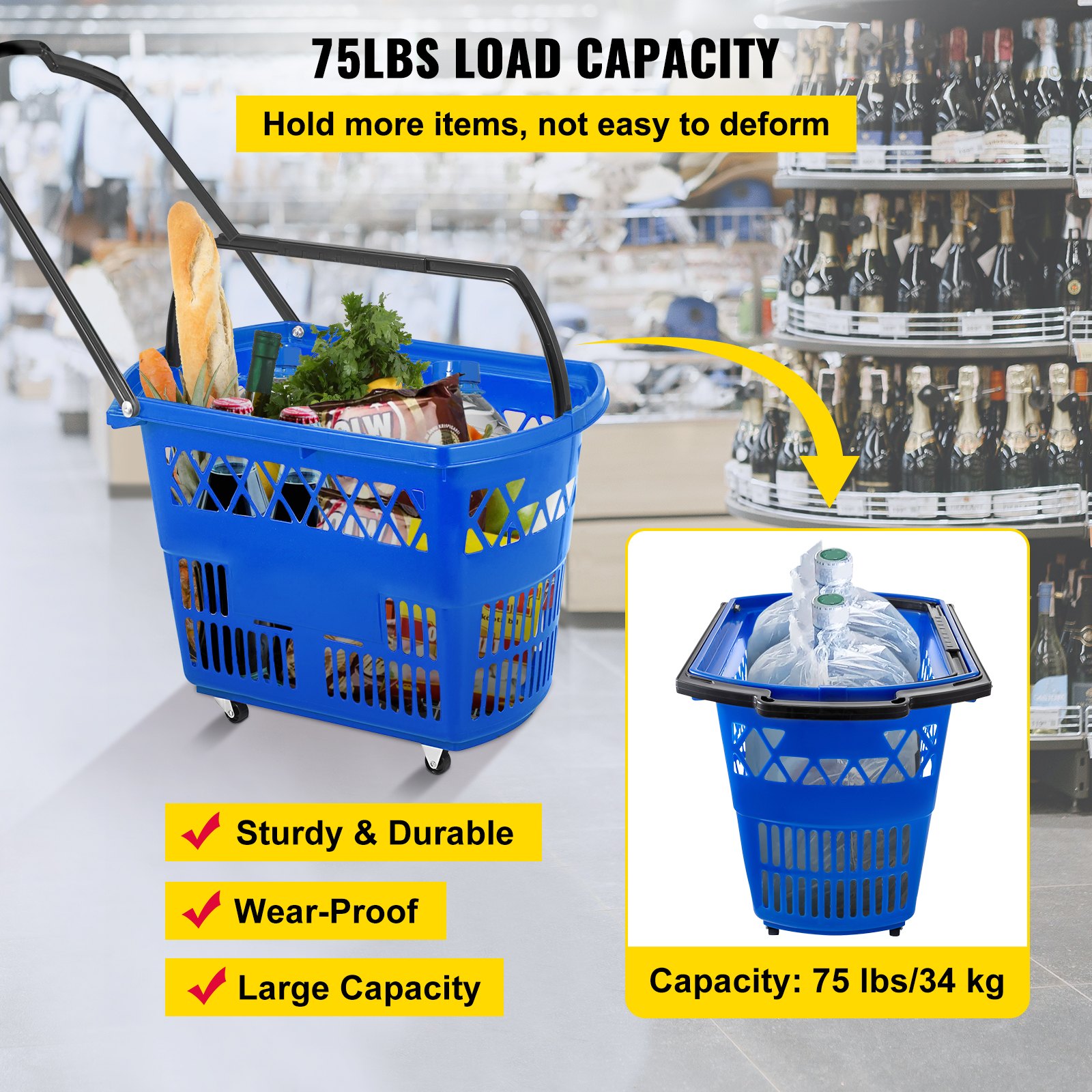 VEVOR 6PCS Shopping Carts, Blue Shopping Baskets with Handles, Plastic ...