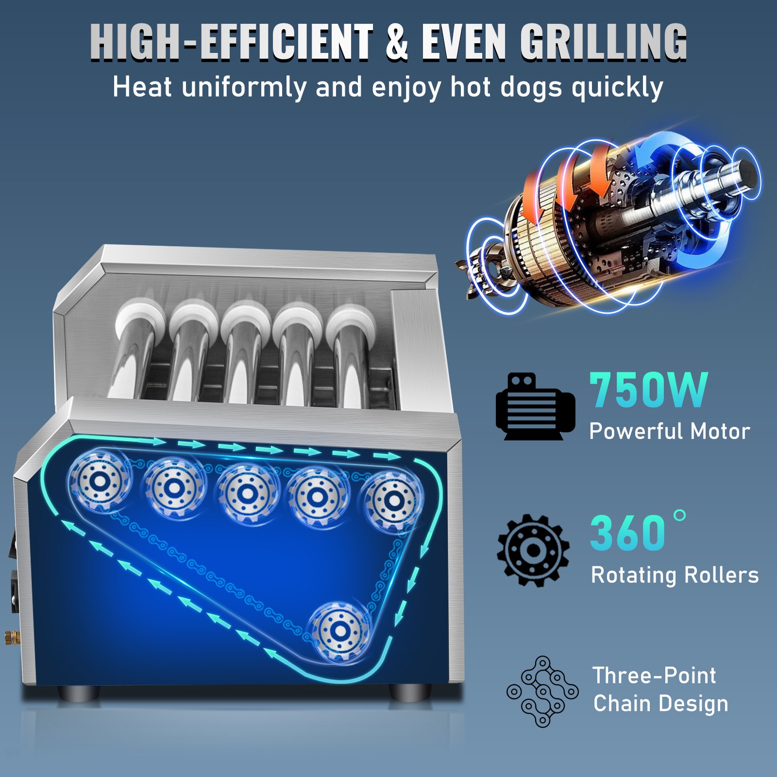 VEVOR Hot Dog Roller, 12 Hot Dog Capacity 5 Rollers, 750W Stainless