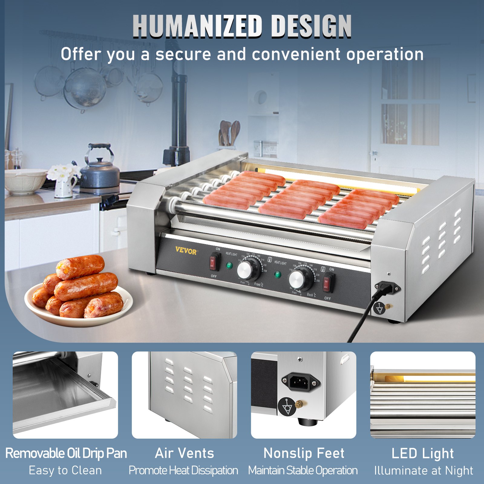 VEVOR Hot Dog Roller, 18 Hot Dog Capacity 7 Rollers, 1050W Stainless