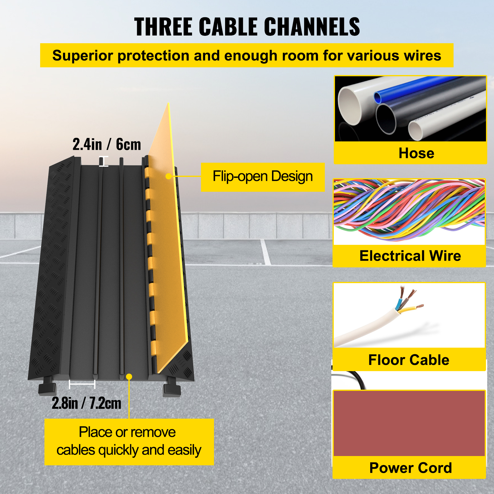 3 Channel Cable Protector Ramp Rubber 44000lbs Heavy Duty Wire Cover Cord Pvc VEVOR US