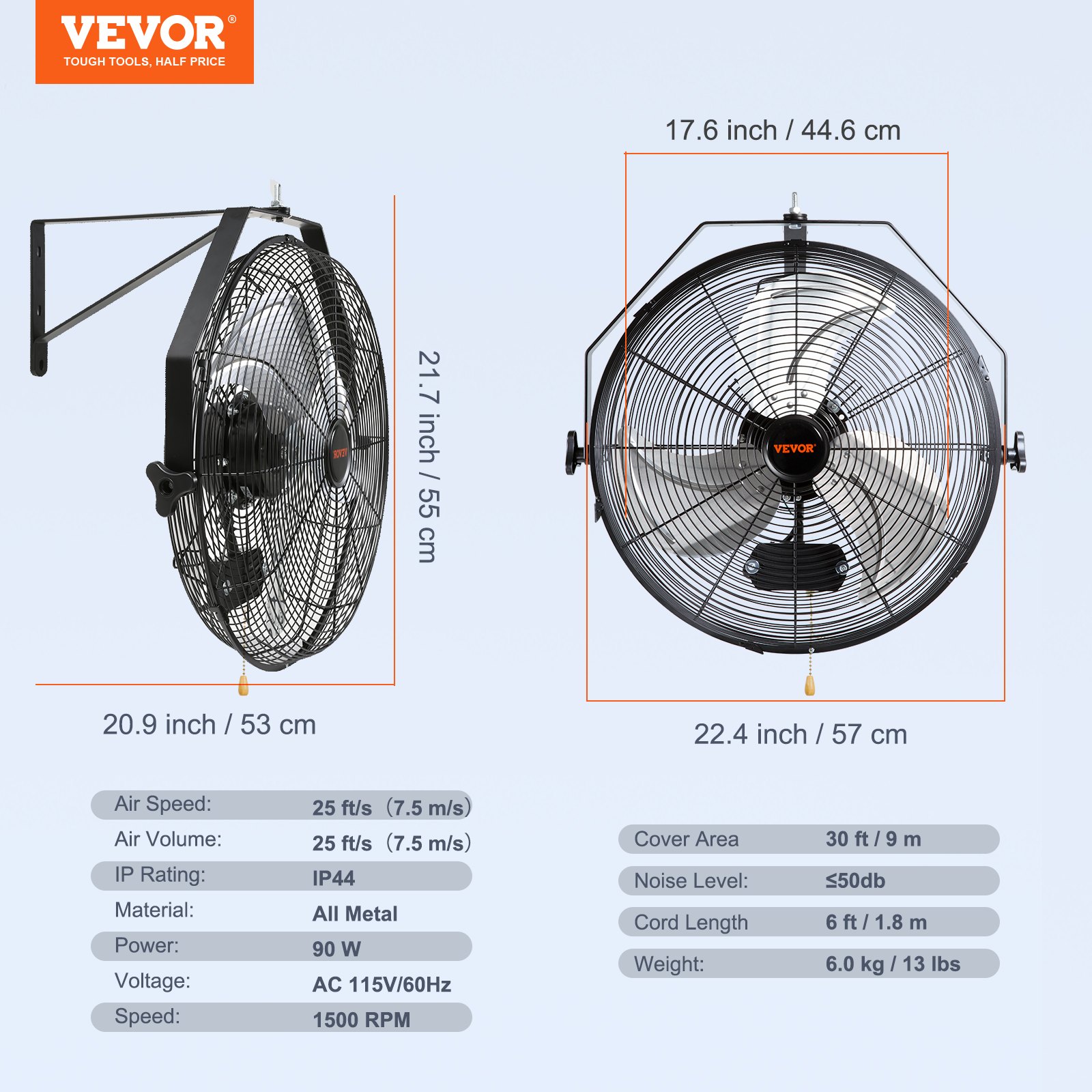 VEVOR Wall Mount Fan, 18 Inch, 3speed High Velocity Max. 4150 CFM